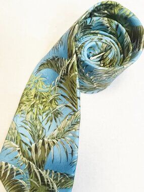 Tommy Bahama Tropical Palm Print Tie Blue Green 100% Silk Vacation Resort Style
